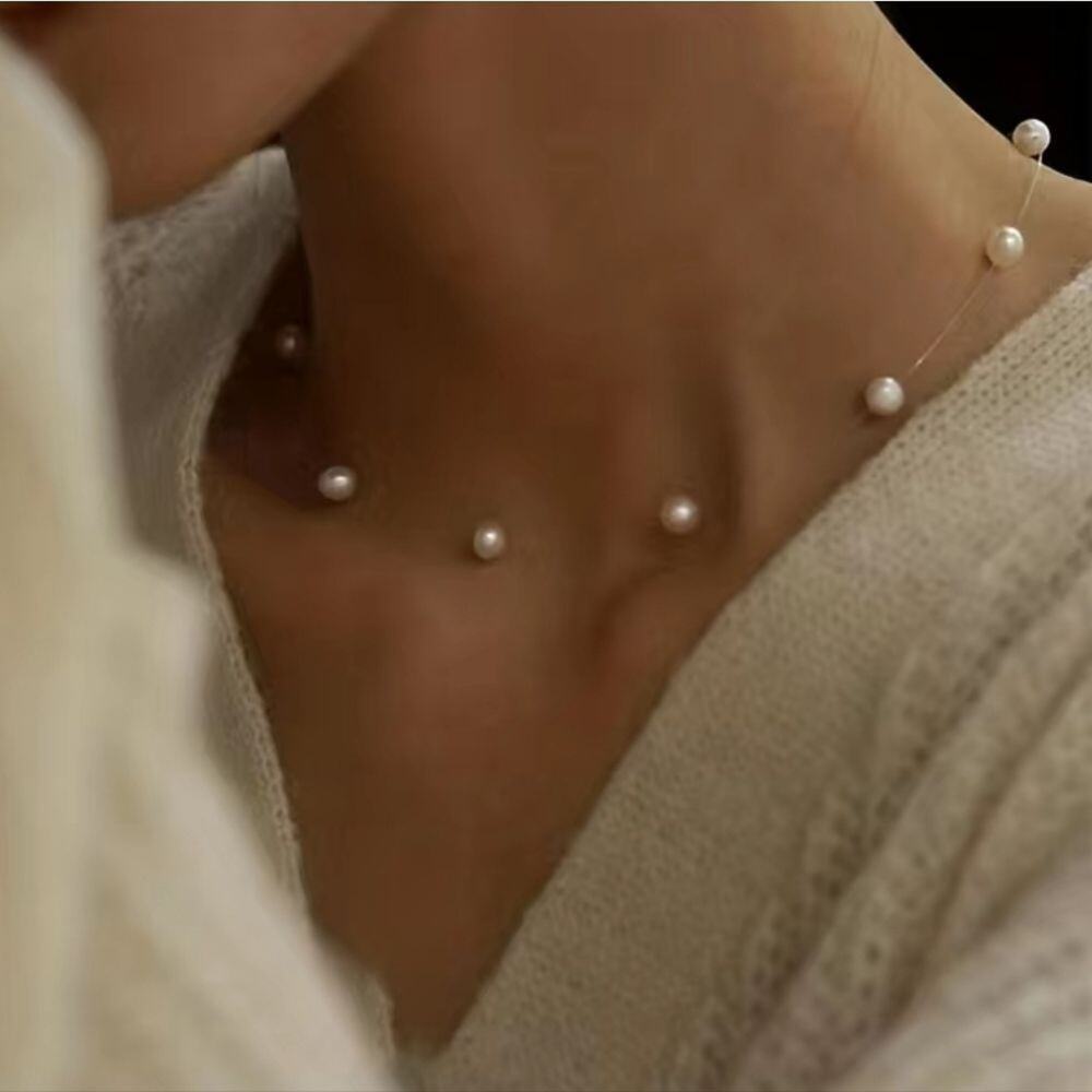 Minimalist Floating Pearl Necklace Invisible Clear Line Choker